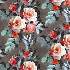 Small Retro Rose Chintz in Scarlet, Peach, Sage and Grey