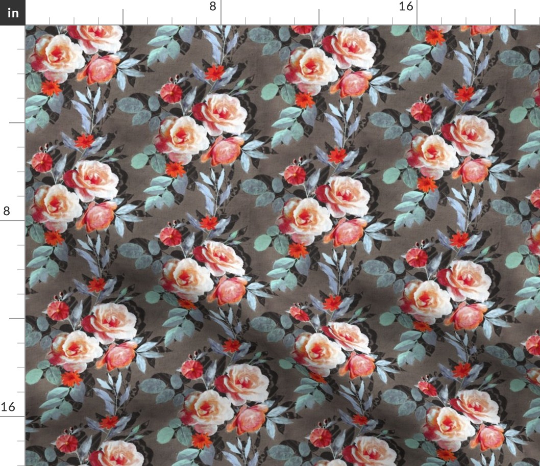 Small Retro Rose Chintz in Scarlet, Peach, Sage and Grey