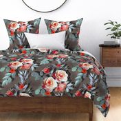 Over-sized Retro Rose Chintz in Scarlet, Peach, Sage and Grey