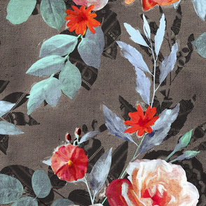Over-sized Retro Rose Chintz in Scarlet, Peach, Sage and Grey