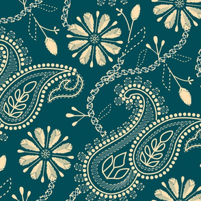 Chikankari Paisley Embroidery- Florals in dark teal- Large Scale 