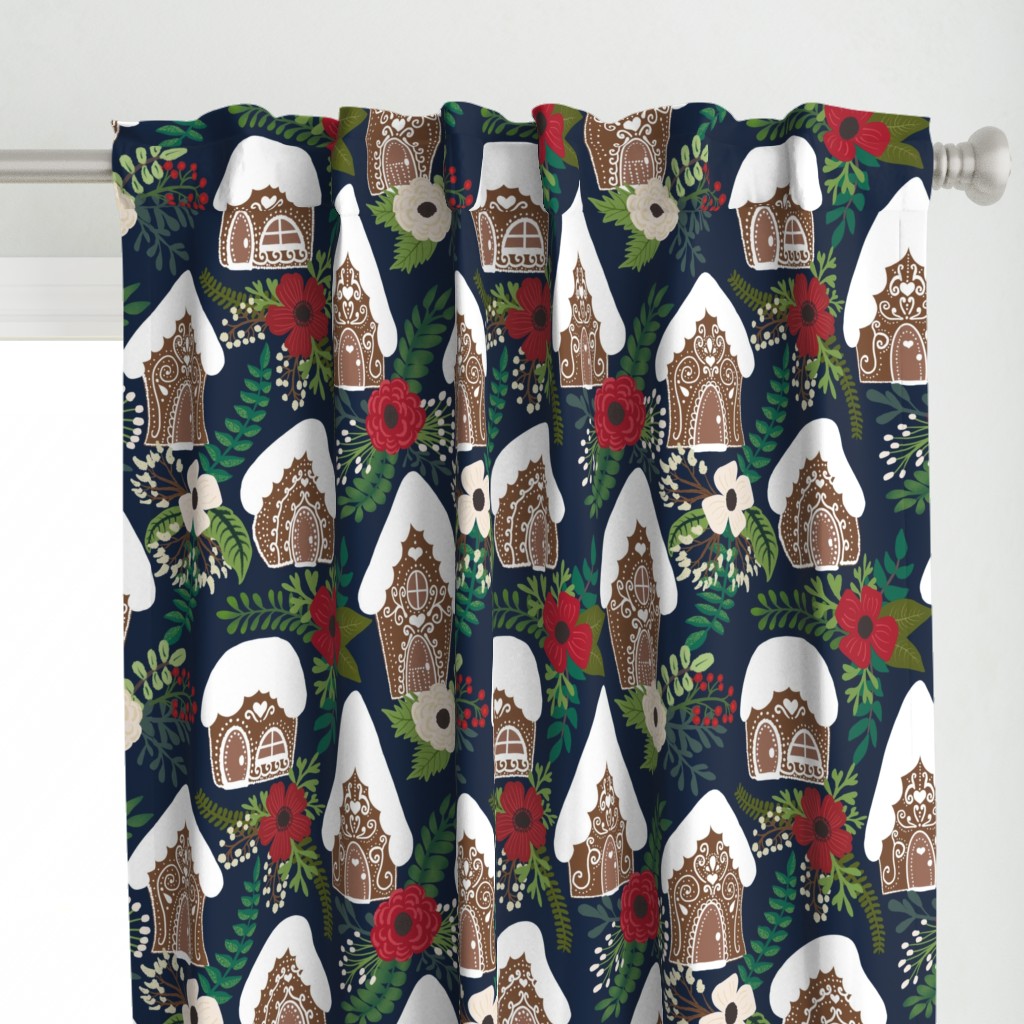 Gingerbread Houses and Christmas Florals - Medium Large Scale - Navy Background 