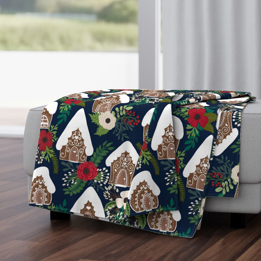 Gingerbread Houses and Christmas Florals - Medium Large Scale - Navy Background 