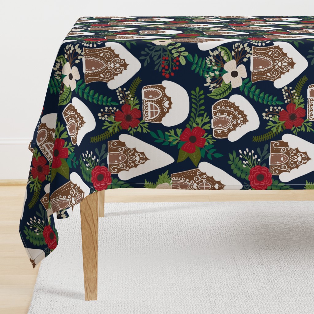 Gingerbread Houses and Christmas Florals - Medium Large Scale - Navy Background 