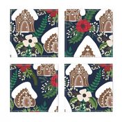 Gingerbread Houses and Christmas Florals - Medium Large Scale - Navy Background 