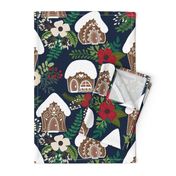 Gingerbread Houses and Christmas Florals - Medium Large Scale - Navy Background 