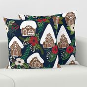 Gingerbread Houses and Christmas Florals - Medium Large Scale - Navy Background 