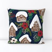 Gingerbread Houses and Christmas Florals - Medium Large Scale - Navy Background 