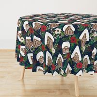 Gingerbread Houses and Christmas Florals - Medium Large Scale - Navy Background 