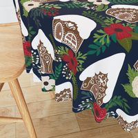 Gingerbread Houses and Christmas Florals - Medium Large Scale - Navy Background 