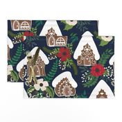 Gingerbread Houses and Christmas Florals - Medium Large Scale - Navy Background 