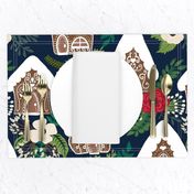 Gingerbread Houses and Christmas Florals - Medium Large Scale - Navy Background 