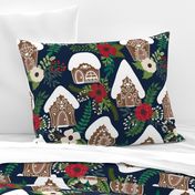 Gingerbread Houses and Christmas Florals - Medium Large Scale - Navy Background 