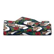 Gingerbread Houses and Christmas Florals - Medium Large Scale - Navy Background 