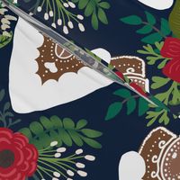 Gingerbread Houses and Christmas Florals - Medium Large Scale - Navy Background 