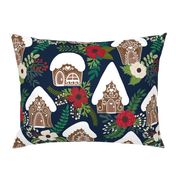 Gingerbread Houses and Christmas Florals - Medium Large Scale - Navy Background 