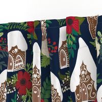 Gingerbread Houses and Christmas Florals - Medium Large Scale - Navy Background 