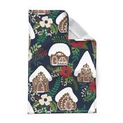 Gingerbread Houses and Christmas Florals - Medium Large Scale - Navy Background 