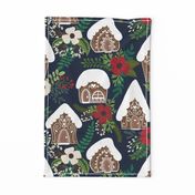 Gingerbread Houses and Christmas Florals - Medium Large Scale - Navy Background 