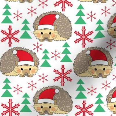 santa hedgehogs with snowflakes and trees