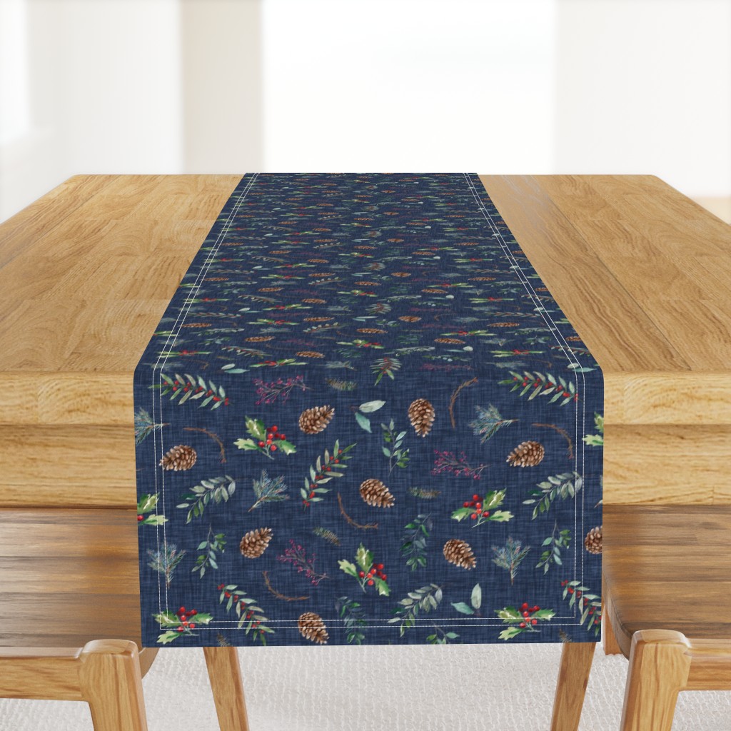 christmas floral on navy linen