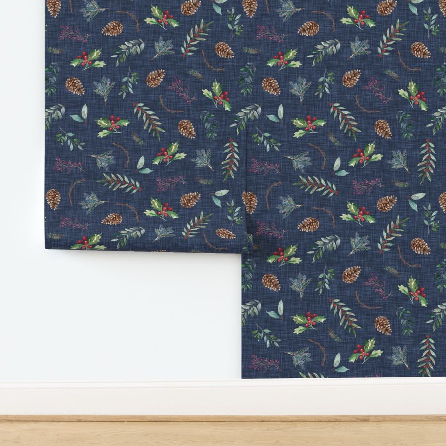 christmas floral on navy linen