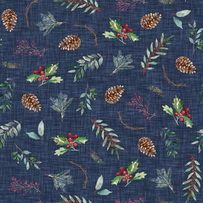 christmas floral on navy linen