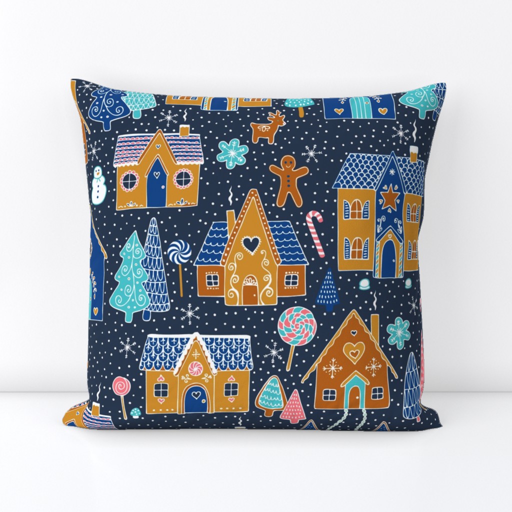 Gingerbread Houses in the snow - Navy - Large scale christmas design by Cecca Designs