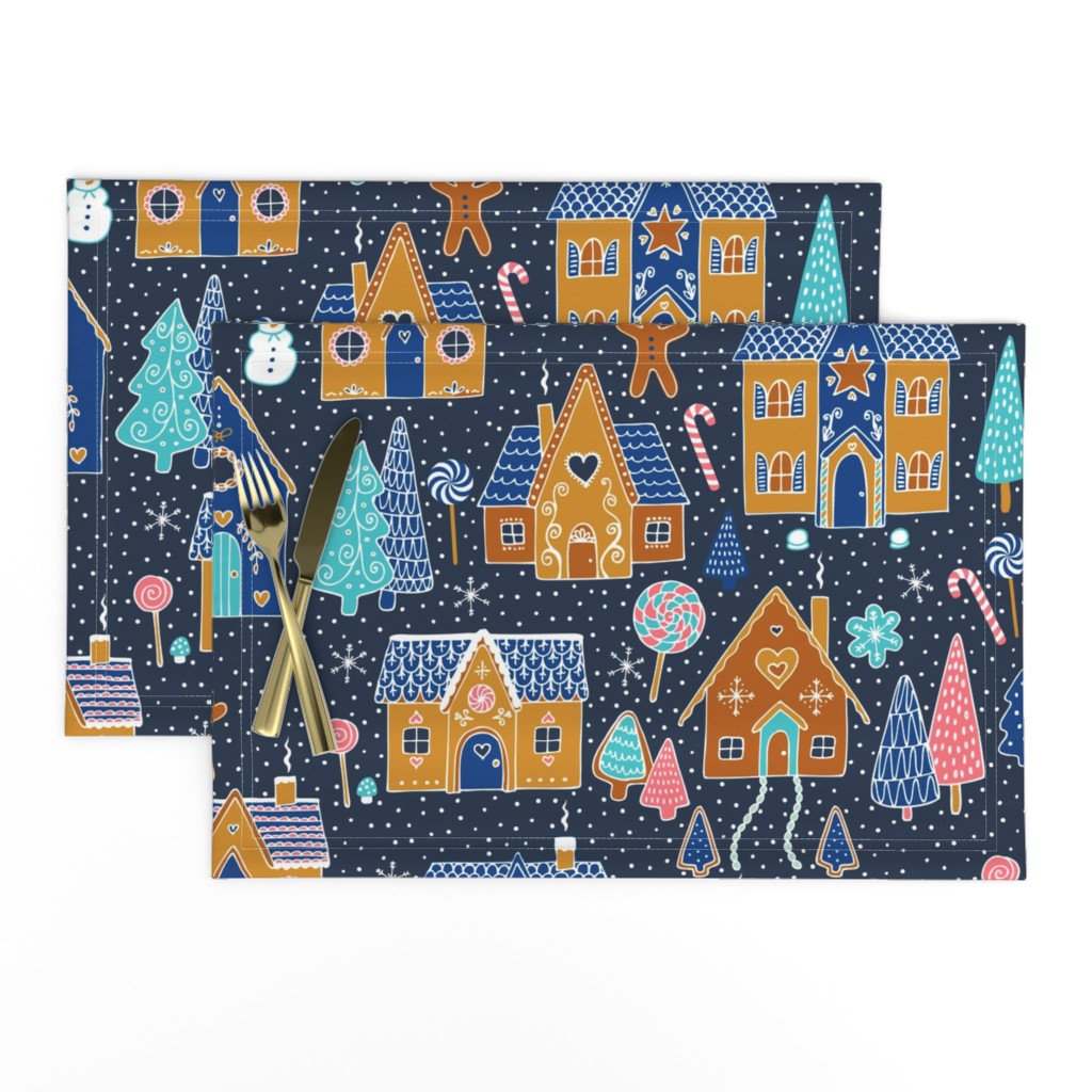 Gingerbread Houses in the snow - Navy - Large scale christmas design by Cecca Designs