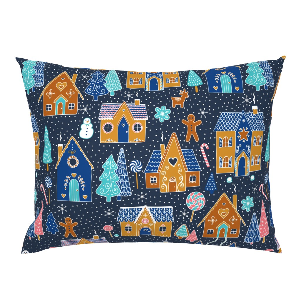 Gingerbread Houses in the snow - Navy - Large scale christmas design by Cecca Designs