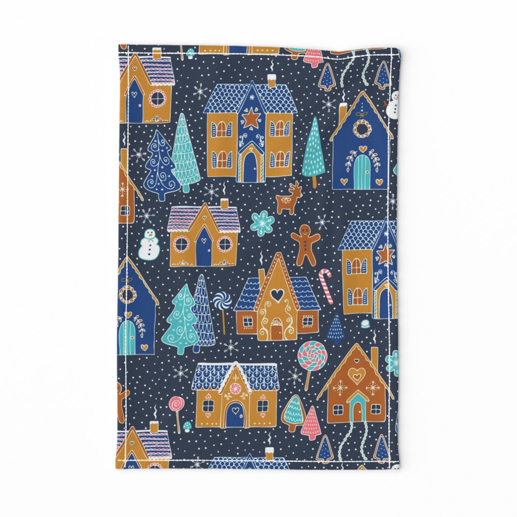 Gingerbread Houses in the snow - Navy - Large scale christmas design by Cecca Designs