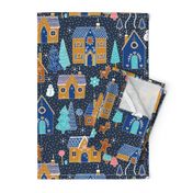 Gingerbread Houses in the snow - Navy - Large scale christmas design by Cecca Designs