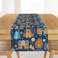 Gingerbread Houses in the snow - Navy - Large scale christmas design by Cecca Designs