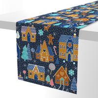 Gingerbread Houses in the snow - Navy - Large scale christmas design by Cecca Designs