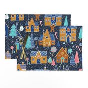 Gingerbread Houses in the snow - Navy - Large scale christmas design by Cecca Designs