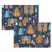 Gingerbread Houses in the snow - Navy - Large scale christmas design by Cecca Designs