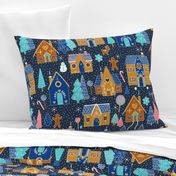 Gingerbread Houses in the snow - Navy - Large scale christmas design by Cecca Designs