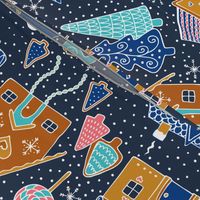 Gingerbread Houses in the snow - Navy - Large scale christmas design by Cecca Designs