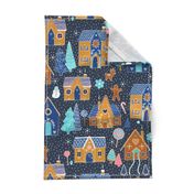 Gingerbread Houses in the snow - Navy - Large scale christmas design by Cecca Designs