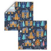 Gingerbread Houses in the snow - Navy - Large scale christmas design by Cecca Designs