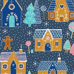 Gingerbread Houses in the snow - Grey blue - Medium scale by Cecca Designs