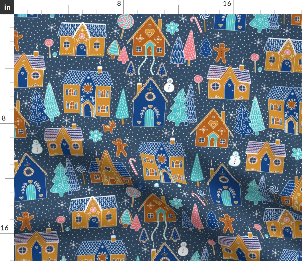 Gingerbread Houses in the snow - Grey blue - Medium scale by Cecca Designs
