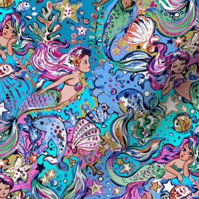 Watercolor Mermaids colorful Aqua