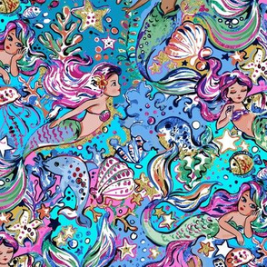 Watercolor Mermaids colorful Aqua
