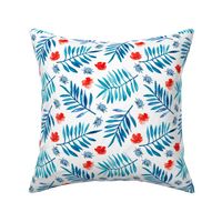 Watercolor palm leaf botanical tropical garden and blossom flowers gender neutral american national holiday red blue
