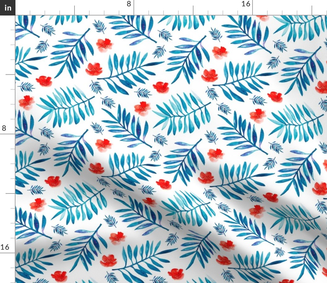 Watercolor palm leaf botanical tropical garden and blossom flowers gender neutral american national holiday red blue
