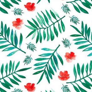 Watercolor palm leaf botanical tropical garden and blossom flowers gender neutral forest green red christmas