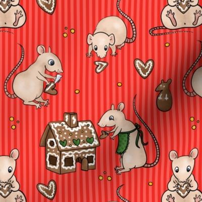 Rats making gingerbread house -coral red