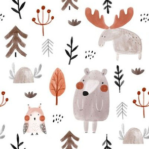Watercolor forest pattern with bears, moose, owls