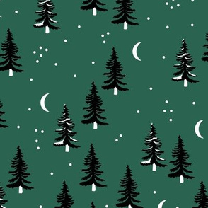 Christmas forest pine trees and snowflakes winter night new magic moon boho green black
